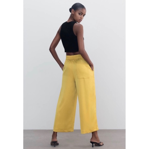 Zara Womens Satin Loose-fitting Trousers With Tie Waist Yellow - Picture 2 of 7